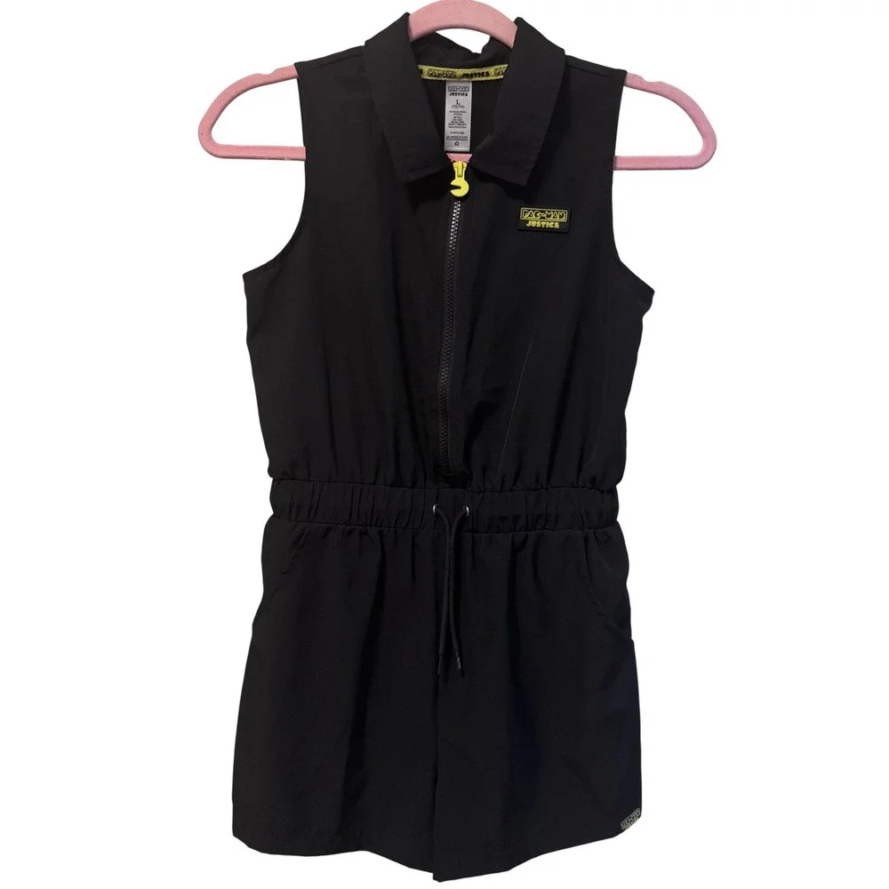 Justice Tween Pac-Man Girls Black Sleeveless Half Zip Romper Size L 12/14 Gamer